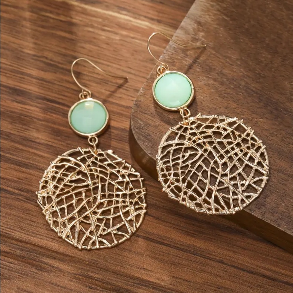 Chic Gold and Mint Green Stone Dangle Earrings - Picture 3 of 6
